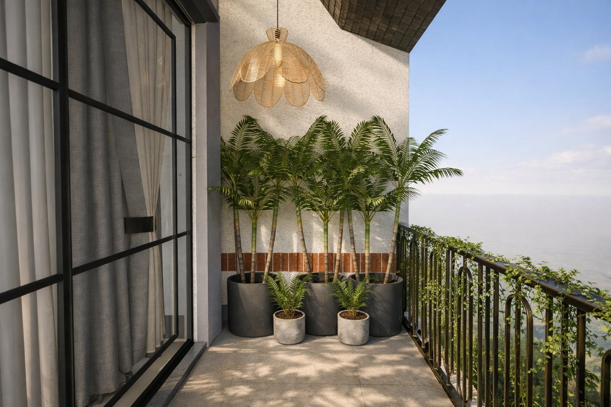 Balcony with toughened glass sliding doors at Ganga Vana Villas
