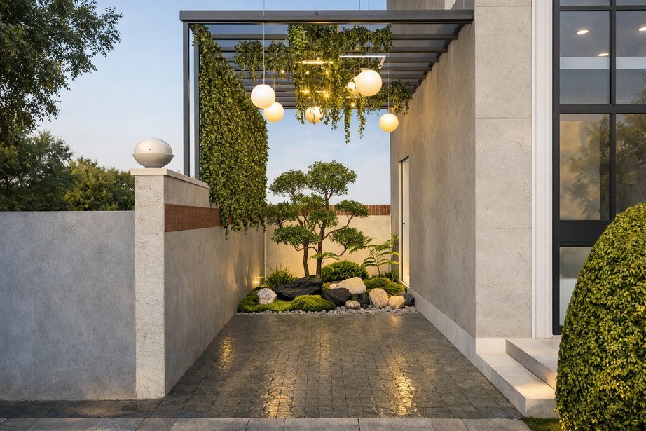 Private landscaped garden edge beside a villa