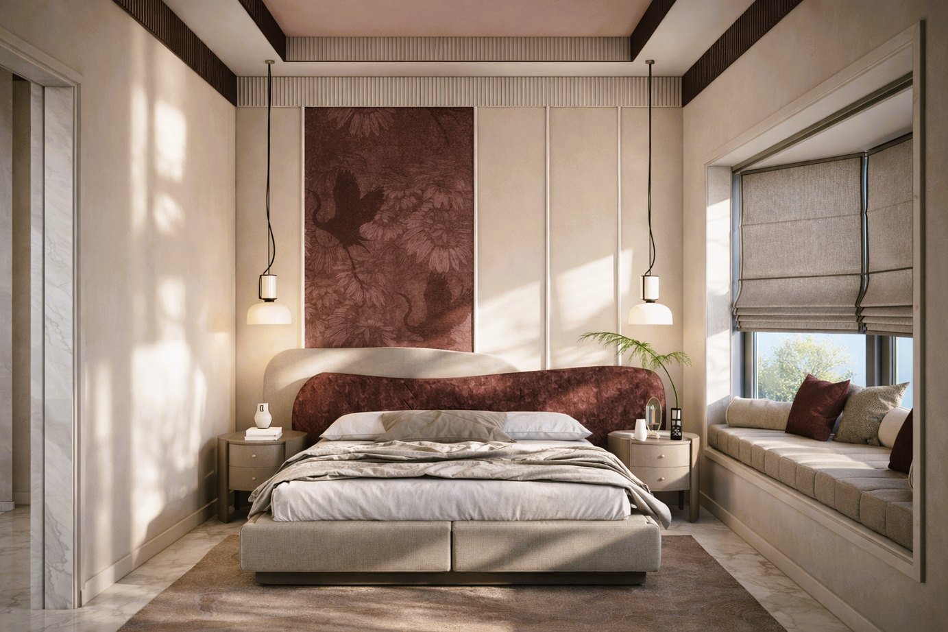Living and dining interior with Italian marble flooring at Ganga Vana Villas